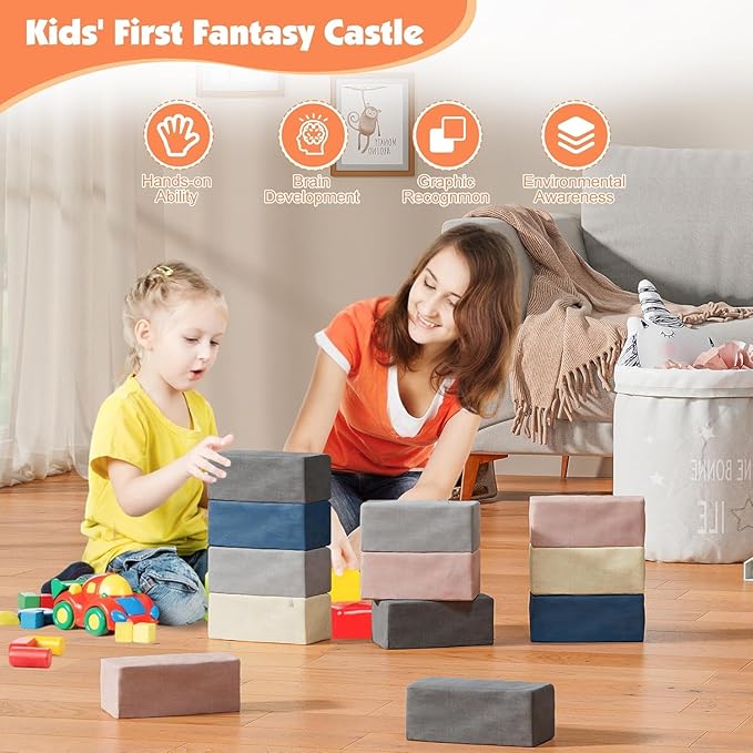 12 PCS Modular Kids Play Block Couch Child Sectional Soft Sofa Toddler Building Fortplay Climbing Bedroom Playroom Baby Convertible Floor Foam Cushion for Boys & Girls (12pcs+Rectangle)