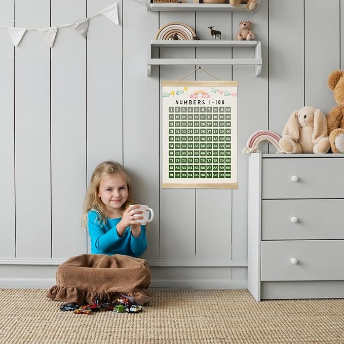 Numbers 1-100 Poster for Kids,Children's Education Poster,Montessori-Inspired Linen Number Chart ,Green Math Wall Art for Toddlers, Preschool, Kindergarten & Homeschool Decor 14x18.5In(Green)
