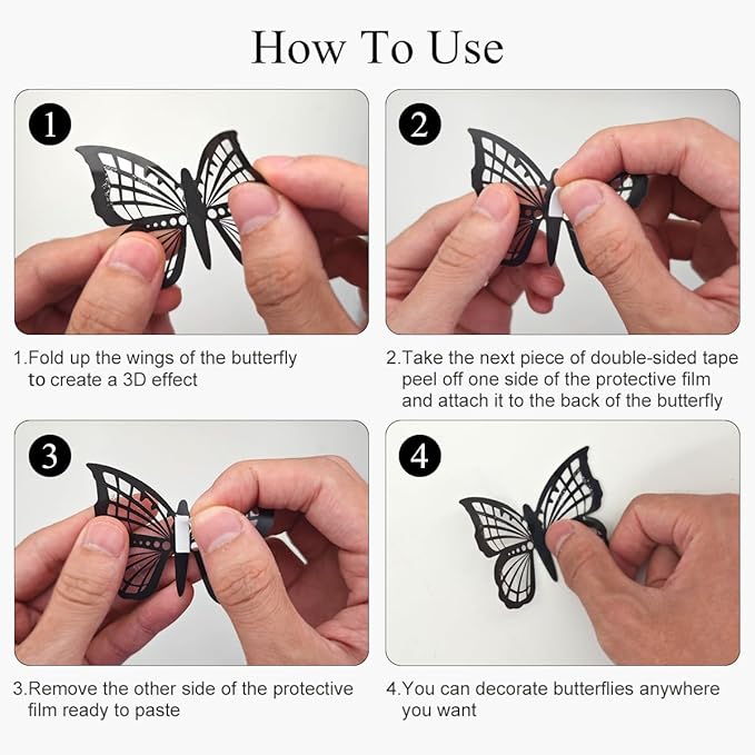 60Pcs Butterfly Wall Stickers 3D Butterflies Stickers Removable Mural Decor for Kids Room Bedroom Decor Living Room Decor (Black)