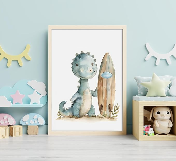 Funny Dinosaur Nursery Canvas Wall Art Surfing Skateboard Riding Dinosaur Painting Picture Wall Decor Sport Nursery dinosaur Print Artwork Poster Print Artwork for Boys Room Girls Room Home Decoration