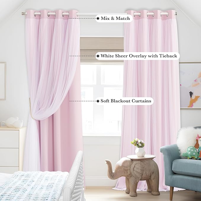 PONY DANCE Blush Pink Drapes - Girls Bedroom Curtains Double-Layered Panels with Tie-Backs Solid Blackout Sheer Curtains 63 inches Long, 52 Inch Wide Drapes with Grommet Top, 2 Pieces