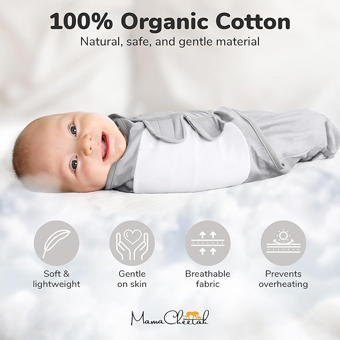 Mama Cheetah Baby Swaddle Sack, Organic Cotton Swaddle Blanket, Adjustable Swaddle Sleep Sacks, Easy Swaddles for Boy Girl 0-3 Month, Baby Essentials, 4-Pack, 4-pack Grey