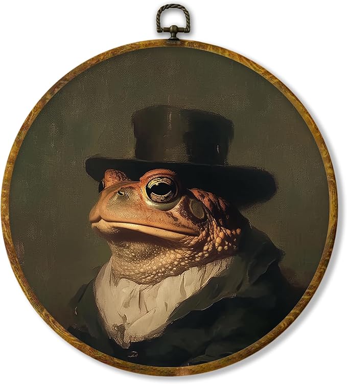 Hiuwevt Frog Round Wall Art Decor, Vintage Dark Moody Academia Frog Framed Canvas Prints, Retro Rustic Cottagecore Animal Round Wall Hanging Decor for Bedroom Home Decorations, 10x10 Inches