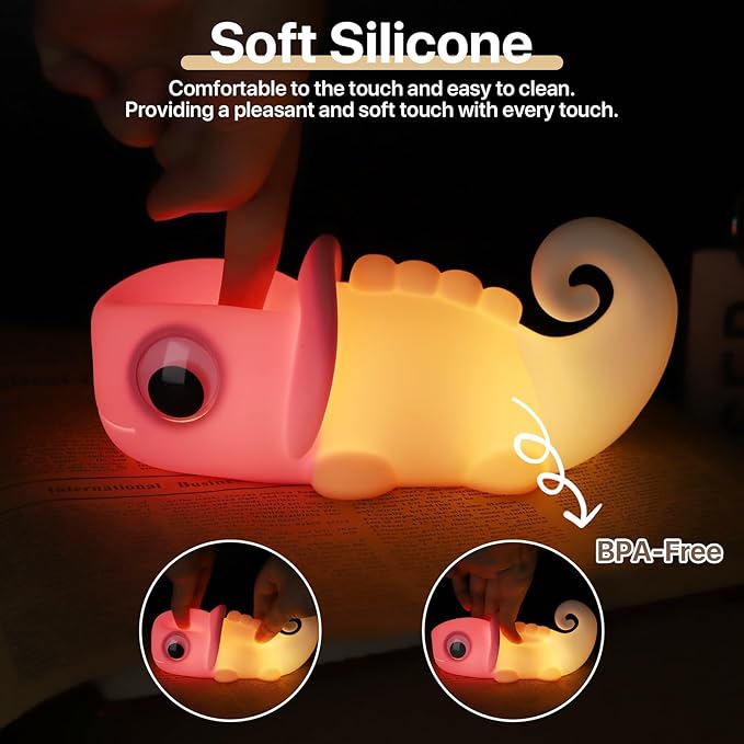 Cute Chameleon Night Light for Kids Rechargeable, Battery Operated Nightlight 3 Level Dimmable with RGB&Timer, Silicone Touch Nursery Lamp for Baby Girls Boys Bedroom Gifts