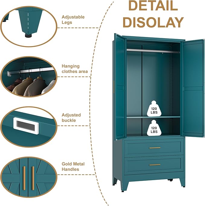 Metal Wardrobe Closet Cabinet with Drawers,71" H Large Bedroom Armoires with Shelves and Hanging Rod,Wardrobe Storage Cabinet with 2 Doors, 1 Adjustable Shelf and Drawers (2Drawer, Blue)