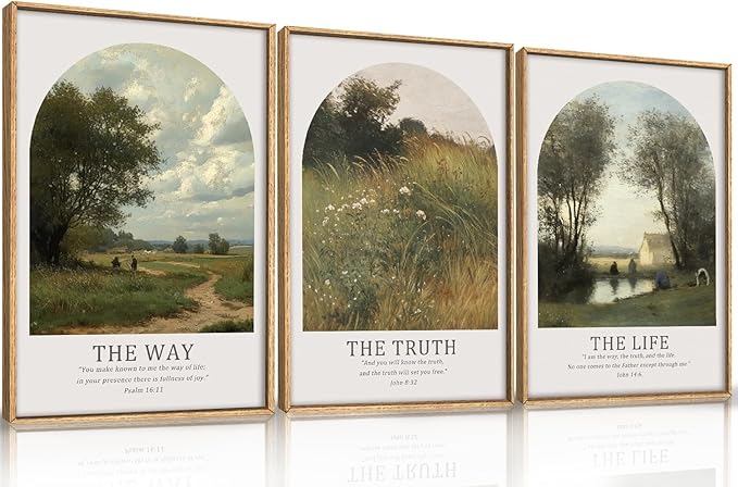 FWIEXA Christian Bible Verse Canvas Wall Art Set 3, Vintage Scripture Framed Painting, Religious Landscape Decor, The Way The Truth The Life Artwork, 24x36In Prints for Living Room,Bedroom,Prayer Room