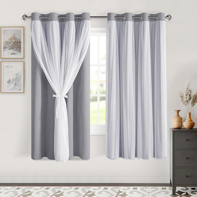 DWCN Blackout Curtains with Sheer Overlay Layered Curtains for Bedroom/Living/Dining Room Grommet Top Window Curtain Panels with Tiebacks, 52 W by 63 L, Grey, 2 Pieces