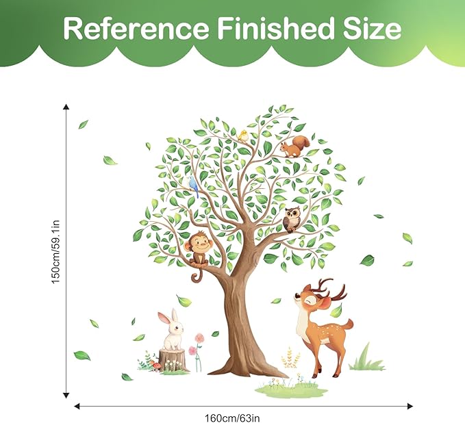 Tanlaby Jungle Animals Large Tree Wall Stickers Cartoon Animal Monkey Deer Wall Decals Peel and Stick Art Decor for Baby Nursery Kids Bedroom Playroom Toddler Room (H: 54 in)