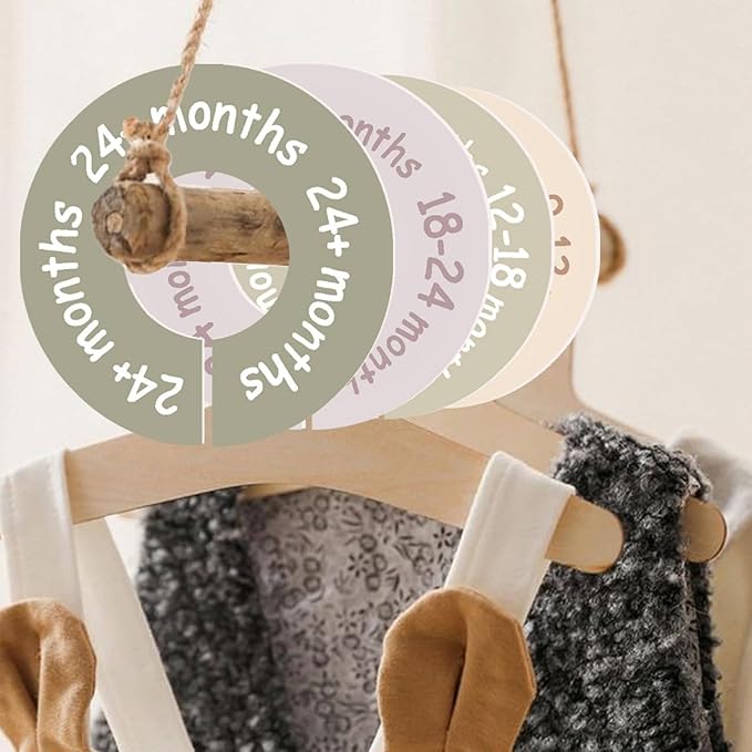 Baby Closet Dividers for Clothes-Baby Wardrobe Organizer,Earth Tone Round Baby Clothes Dividers for Closet Rod,Nursery Closet Organizer & Decor, Clear Labels for Easy Sorting, Fits Most Rods