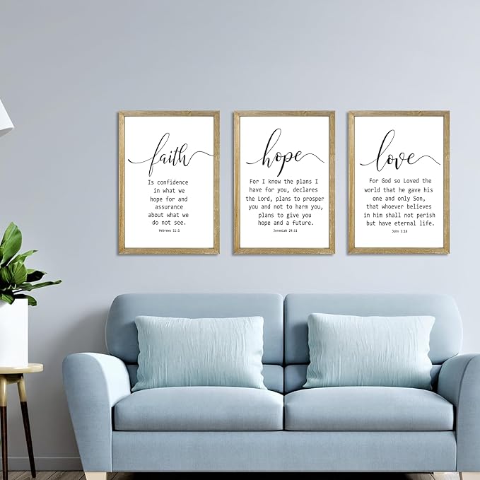 Faith Hope and Love Bible Verses Wall Decor Sign 16x11Inch Wood Framed Set of 3 Farmhouse Living Room Christian Faith Scripture Art Inspirational Religious Quote Love Wall Hanging (Wood)