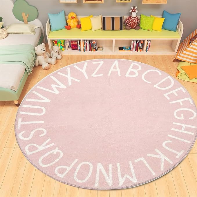 Round ABC Rug-4ft Children Education and Learning Fun Carpet, Alphabet Baby Crawling Mat,Fluffy and Comfortable Plush Floor Cushion Pink Sofa Cushion, for Playroom Classroom Decoration