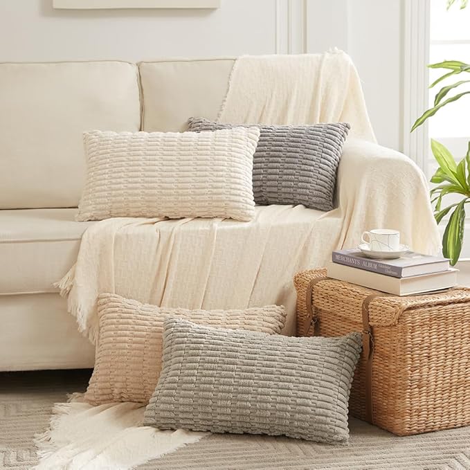 Fancy Homi 2 Packs Tan Lumbar Decorative Throw Pillow Covers 14x24 Inch for Living Room Couch Bed Sofa, Rustic Farmhouse Boho Home Decor, Soft Striped Corduroy Rectangle Cushion Case 35x60 cm