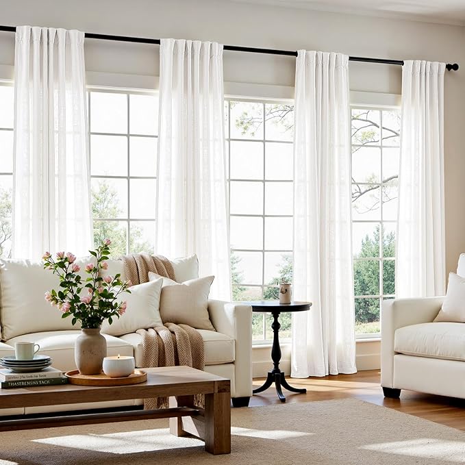jinchan Linen Curtains 50W x 84L Inch Off White for Living Room Farmhouse Curtains Clip Rings Back Tab Rod Pocket Drapes 4-Panel Set