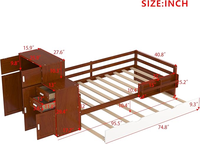 Merax Twin Size Corner Bed with Trundle and Drawers, Wooden Daybed Frame with Storage Cabinets, Bookshelves, and Safety Guardrail, Twin Bed Frame for Kids, Boys Girls, Easy Assembly,Walnut