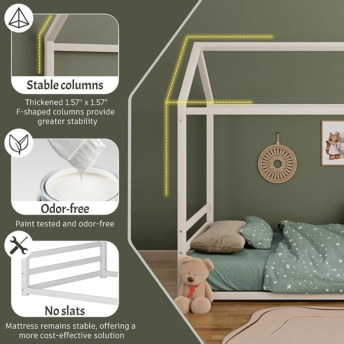 Harper & Bright Designs Full Size Montessori Floor Bed for Children, Metal House Bed Frame with Roof and Fence, Kids Floor Bed Frame for Boys Girls, Easy Assemble, No Slats,White