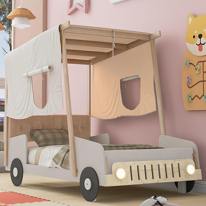 Twin Size Classic Car-Shaped Platform Bed with Wheels and Ceiling Cloth, Solid Wood Low Bed Frame with Pillow and LED Lights, Cute Floor Bed for Kids Boy Girls