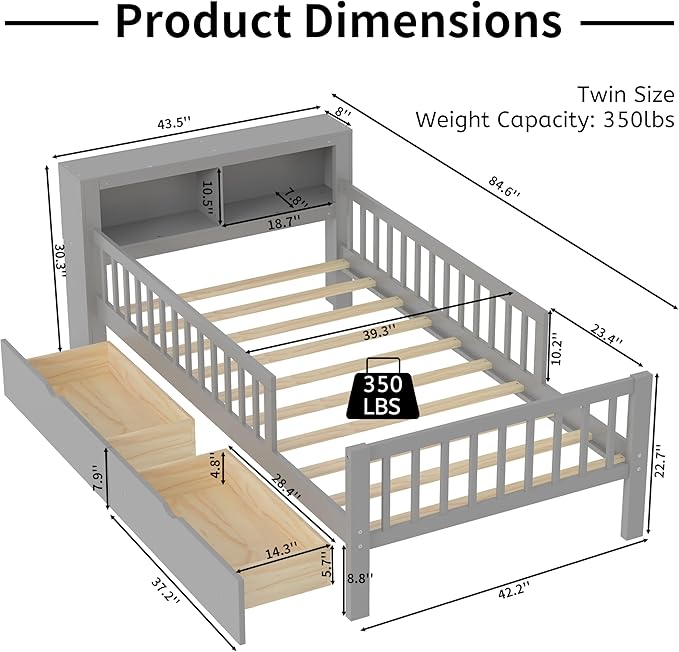 Wood Twin Size Platform Bed with Safety Fence for Kids Boys Girls, Platform Bed Frame with Practical Headboard and 2 Under-Bed Drawers, Sturdy Slats Support (Gray-3.15)