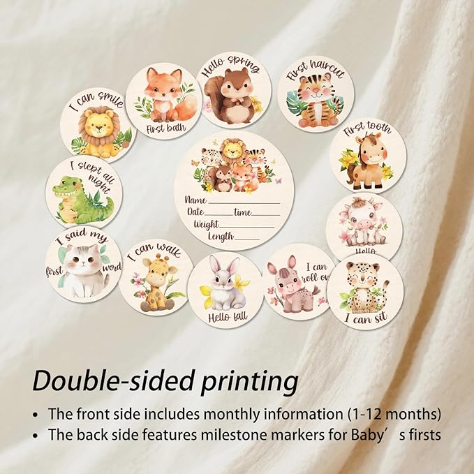 Baby Monthly Milestone Cards Sign - 13 Double Sided Little Animals Milestone Cards, Fox Pattern Wooden Circles Discs for Photo Props Cat Newborn Announcement Marker, Baby Shower Newborn Sign Gift Set