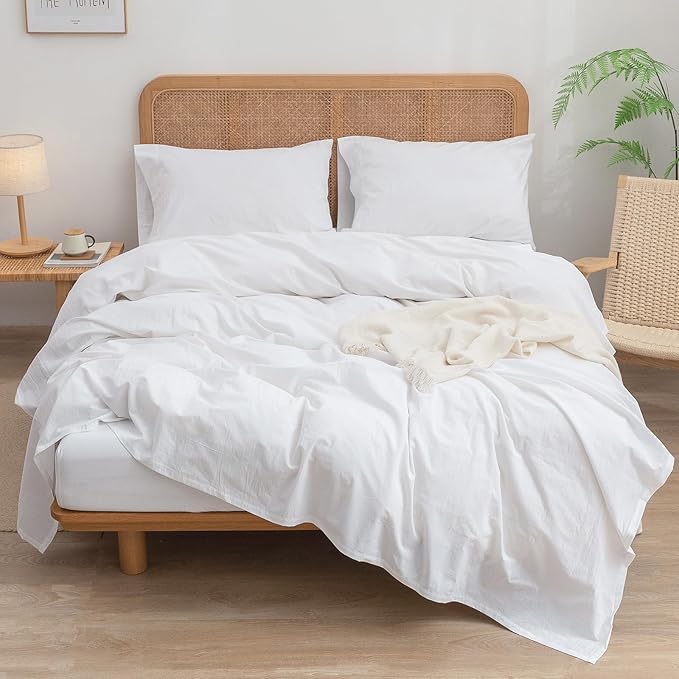 BESTOUCH Sheet Set 100% Washed Cotton Linen Feel Super Soft Comfortable Chic Lightweight 4 Pcs Home Bedding Set Solid Bright White Full