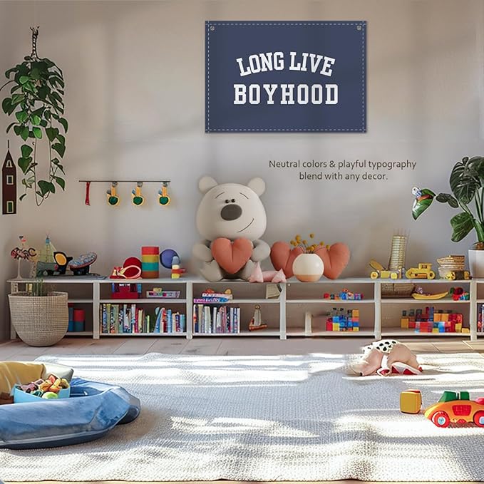 Long Live Boyhood Boys Room Decor - Linen Nursery Banner for Toddler Room Decoration, Farmhouse Kids Wall Hanging, Canvas Banner Flag for Baby Shower, Birthday Gift - A05