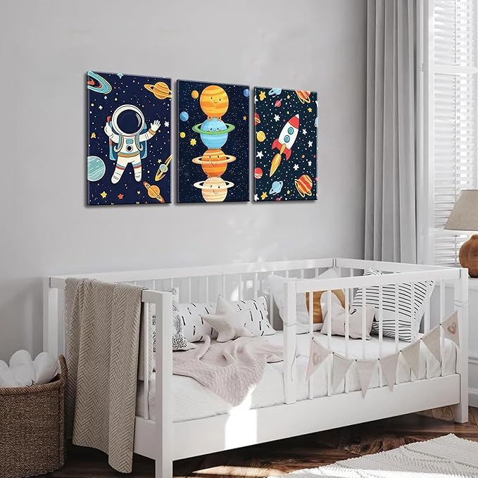 3Pcs Space Nursery Canvas Wall Art Whimsical Outer Space Astronauts Kid Decor Pictures Rocket Planet Posters Prints for Boys Room Girls Room Kids Room Decoration