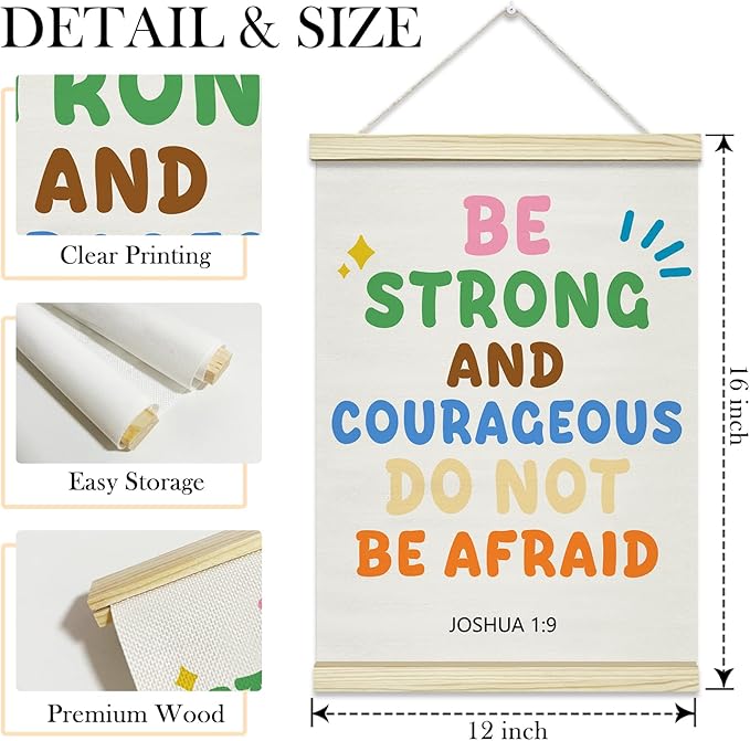 TRKAE Christian Classroom Canvas Poster Hanger Frame, Be Strong and Courageous Joshua 1:9 Wall Art for Kids, Scripture Wall Decor for Nursery Preschool Church -037