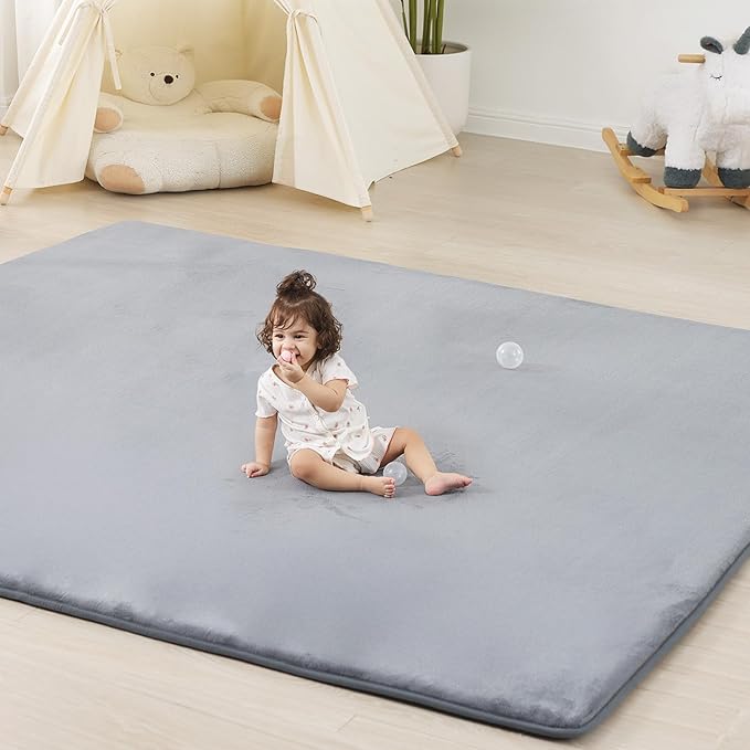 1.3" Thick Baby Floor Play Mat 79x118, Basic Padded Foam Mat for Tummy Time Crawling, Non Slip Cushioned for Babies Toddlers Infants Kids (Light Grey)