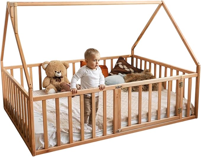 BUSY WOOD Montessori Bed with Railings - Floor Twin Bedframe for Toddlers 1-3 - Full Size Montessori Floor Bed, Queen, King, Small - 7 Colors (Model 17)