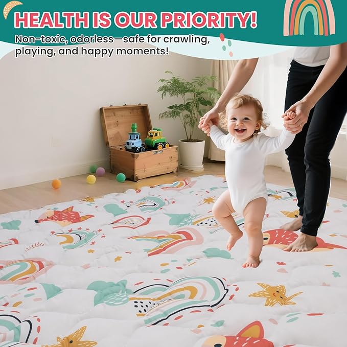 Baby Play Mat for Floor,71x59 Inch Soft Padding Crawling Mat for Playpen, Foldable and Machine Washable, Thick for Babies & Toddlers,Rainbow Fox