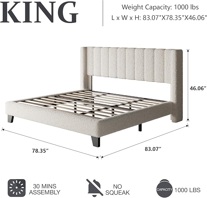 King Bed Frame with Headboard Upholstered Platform Bed Frame with Teddy Velvet Headboard, Wooden Slats Support/Wing Edge Design/No Box Spring Needed/Easy Assembly, Beige King