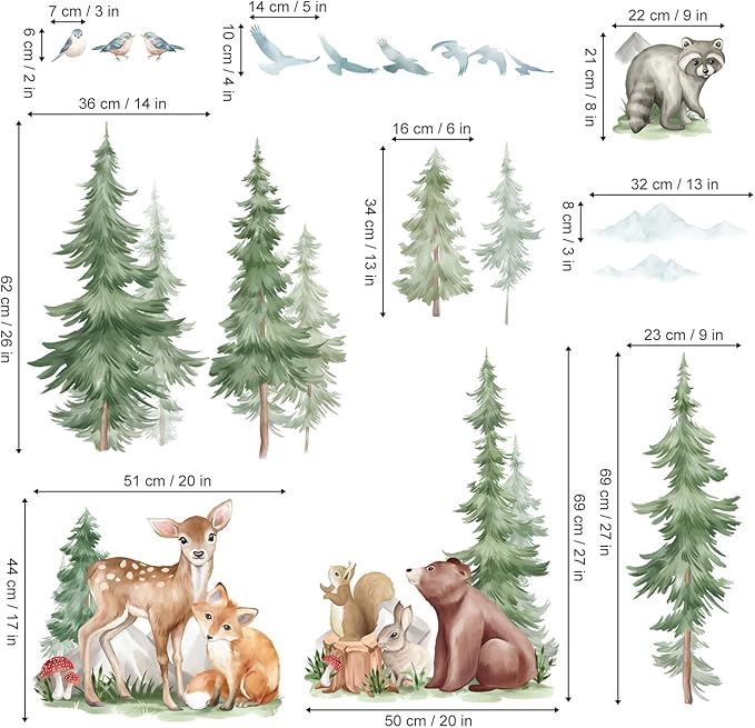 wondever Mountain Tree Wall Stickers Large Pine Tree Forest Animal Bear Fox Peel and Stick Wall Art Decals for Kids Room Baby Nursery Bedroom