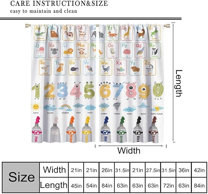 Alphabet Learning Curtain for Kids, Colorful Cartoon Animal Multiplication Table Educational, Classroom Child Printed Rod Pocket Blackout Window Drapes for Bedroom Living Room 72" W X 63" L