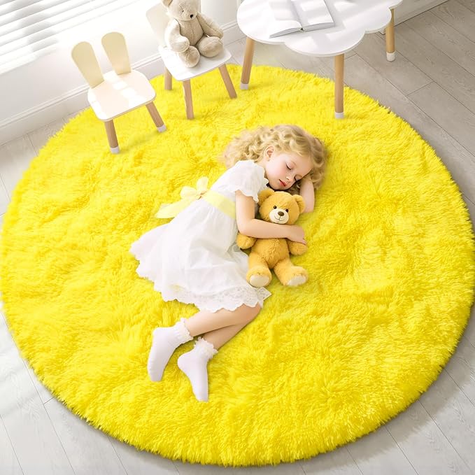 EVOIONOS Yellow Round Rug for Bedroom, 4x4 Ft Fluffy Soft Circle Area Rugs for Living Room, Plush Shaggy Circular Carpet for Indoor Floor Bedside Kids Nursery, Machine-Washable Home Decor Aesthetic