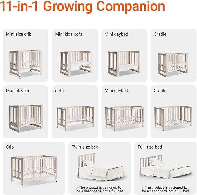 MAMAZING EvoNest Baby Crib, 11 in 1 Convertible Crib with Wheels, 100% New Zealand Wood Growing Bed, 4 Adjustable Mattress Height,Washed Natural