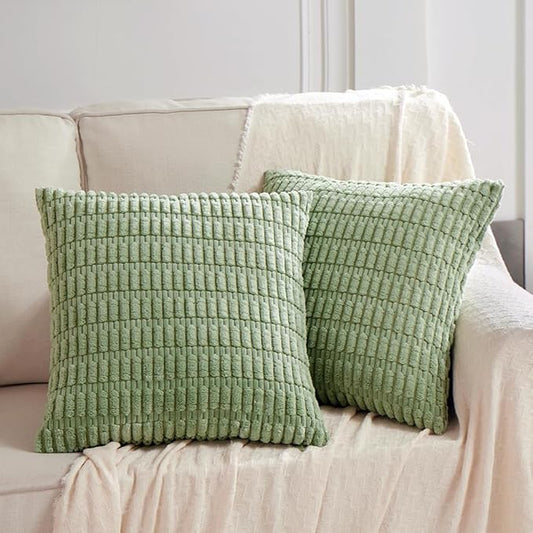 Fancy Homi 2 Packs Sage Green Decorative Throw Pillow Covers 20x20 Inch for Living Room Couch Bed Sofa, Soft Striped Corduroy Square Cushion Case 50x50 cm, Rustic Farmhouse Boho Home Decor