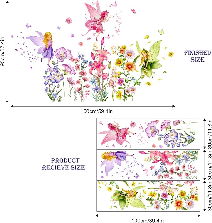 Supzone Flower Fairy Wall Stickers Butterfly Girl Wall Decals Removable Vinyl Wall Art Sticker for Girls Baby Nursery Kids Bedroom Living Room Bathroom