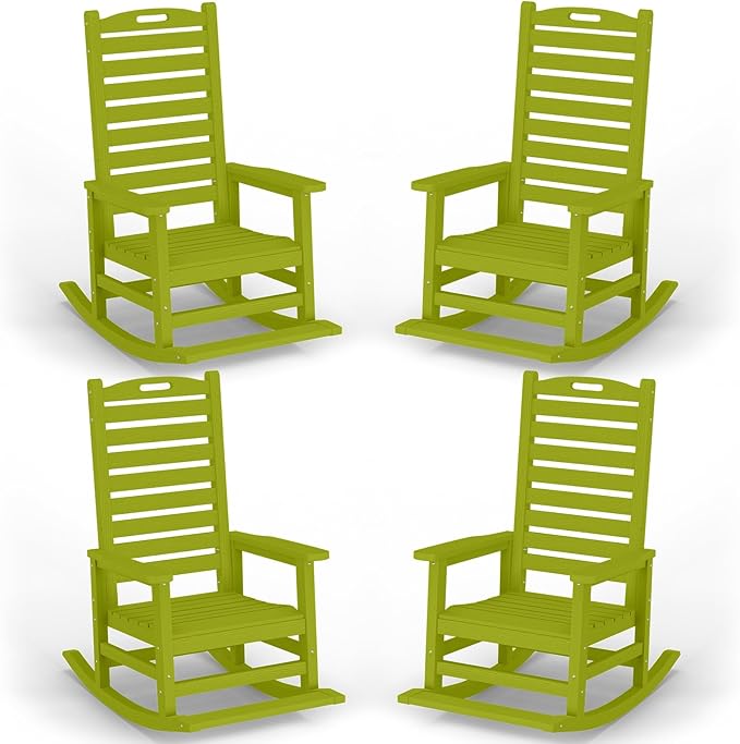 Outdoor Rocking Chair Set of 4 with Removable Footboard for Adults, HDPE High Back Patio Rocking Chairs, 330lbs All Weather Porch Rocking Chairs for Outdoor & Indoor -Pistachio Green