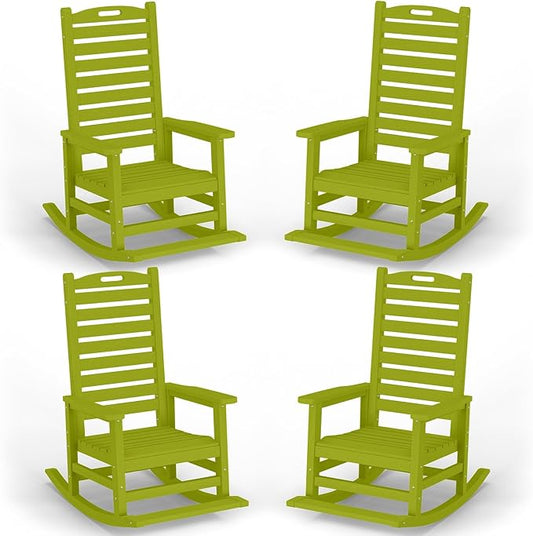 Outdoor Rocking Chair Set of 4 with Removable Footboard for Adults, HDPE High Back Patio Rocking Chairs, 330lbs All Weather Porch Rocking Chairs for Outdoor & Indoor -Pistachio Green