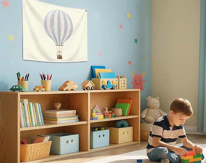 Boho Rectangular Banner Flag Sign Wall Decor Gift for Baby Boy Girl Kids-Nursery Bedroom Playing Room Reading Room Decor Decorations-Hot Air Balloon Theme-Baby,Shower Birthday Christmas Gift