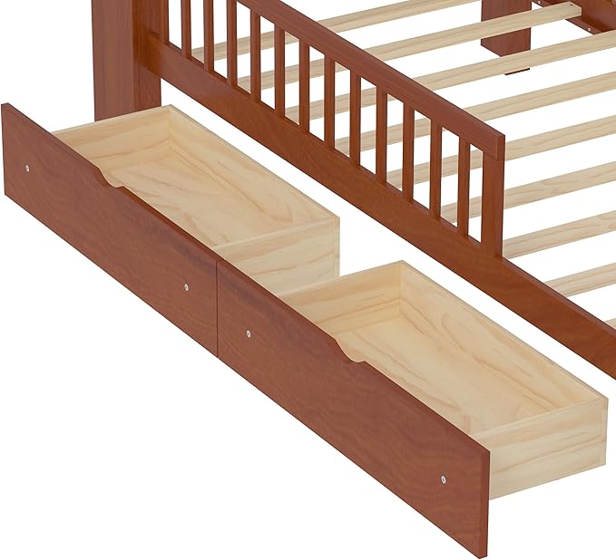 Wood Twin Size Platform Bed with Safety Fence for Kids Boys Girls, Platform Bed Frame with Practical Headboard and 2 Under-Bed Drawers, Sturdy Slats Support (Walnut-3.15)