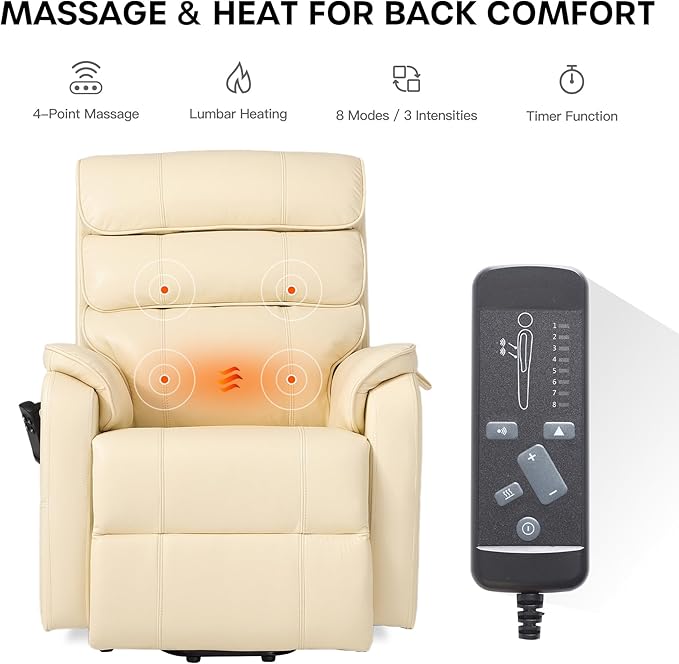 DYNOX 350 LBS Power Lift Recliner Chair for Elderly, Medium Size Dual Motor Lay Flat Infinite Positions Recliner with Heat & Massage(9188,Genuine Leather,Camel)