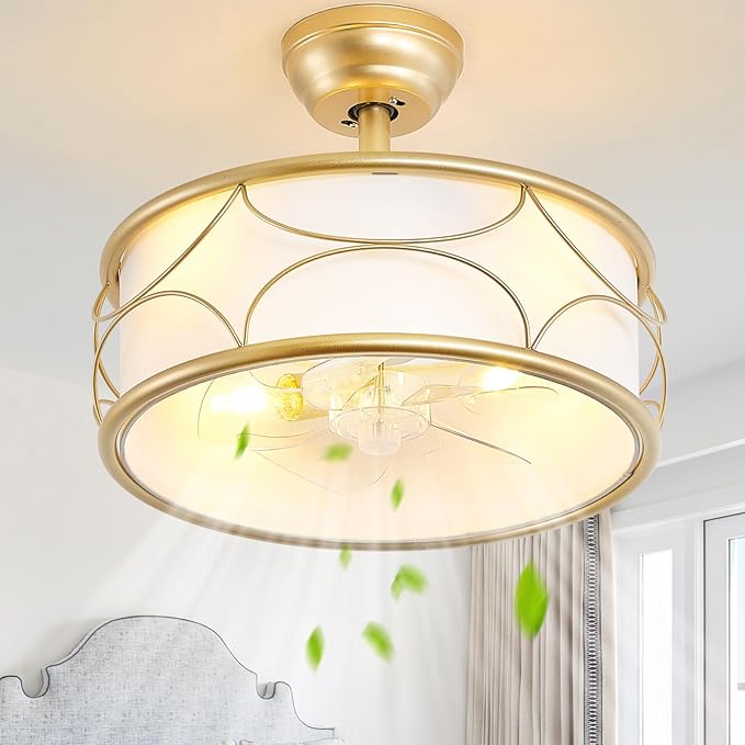 18" Gold Fandelier Ceiling Fan with Light, Fabric Boho Chandelier Ceiling Fans with Lights Remote Control, Mid-Century Modern Caged with 6 Speeds for Bedroom, Nursery (FS-BG02)