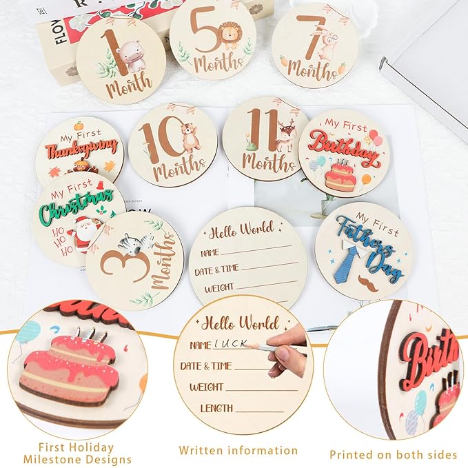 Monthly Baby Milestone Signs, 11PCS Wooden My First Holiday Milestone Cards Newborn Gift, Baby Announcement and Hello World Newborn Sign