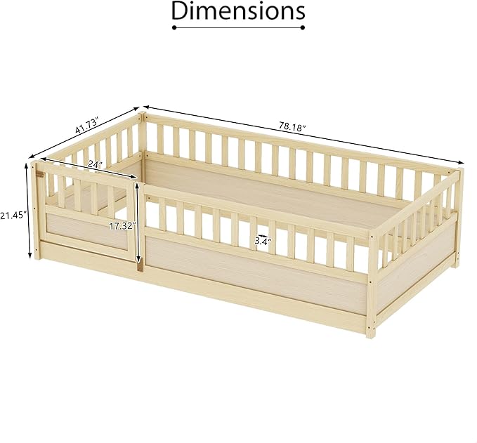 GDFStudio Twin Size Toddler Floor Bed Frame with Door & Guardrails, Toddler Twin Bed Frame for Kids Boys Girls, Low to Floor Child Bed Rail Design, Wooden Floor Bed for Baby, No Support Slat, Natural
