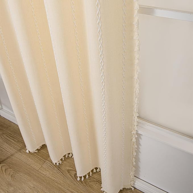 Deeprove Boho Curtains 96 Inches Long for Bedroom Living Room, Beige Cotton Linen Stripes Embroidery Weighted, Bohemian Farmhouse Window Treatment Drape Tassels, 1 Panel W52 x L96, Champagne