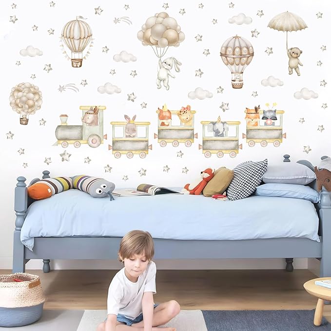 Train Animal Wall Decals Cartoon Hot Air Balloon Animal Wall Stickers Watercolor Star Cloud Decals Boho Nursery Decal Cute Animal Train Stickers for Kids Bedroom Baby Room Playroom Decor