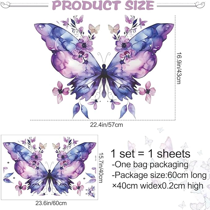 Purple Butterfly Flower Wall Decals Large Blue Butterfly Stickers Colorful Art Decal Removable Peel and Stick Butterflies Wall Decor for Kids Girls Bedroom Nursery Bathroom Decorations