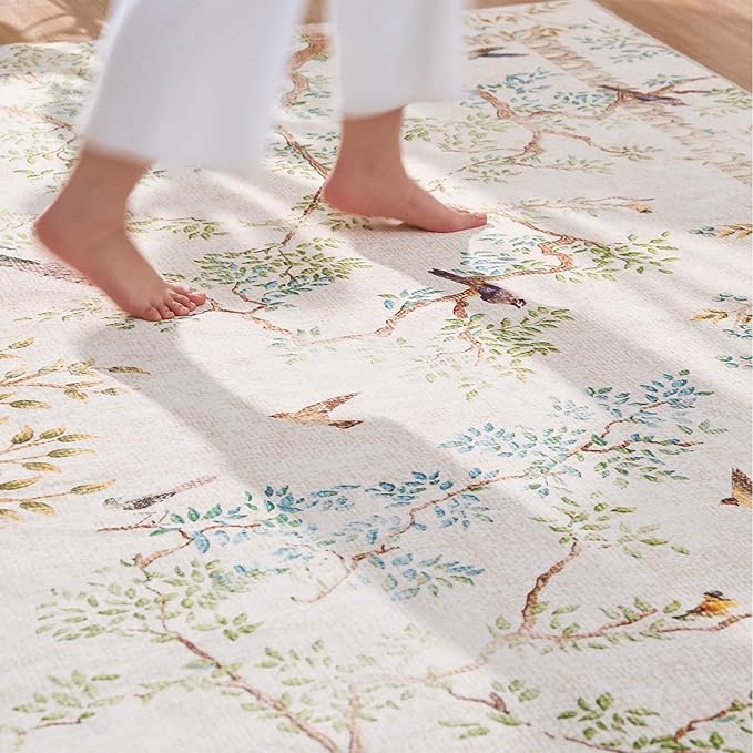 jinchan Yarden Botanical Birds 6x9 Ivory Area Rugs for Living Room Washable Non Slip Soft Nature Plants Modern Kids Carpet Vintage Ultra Thin Low Pile Indoor Rug for Bedroom Nursery Playroom
