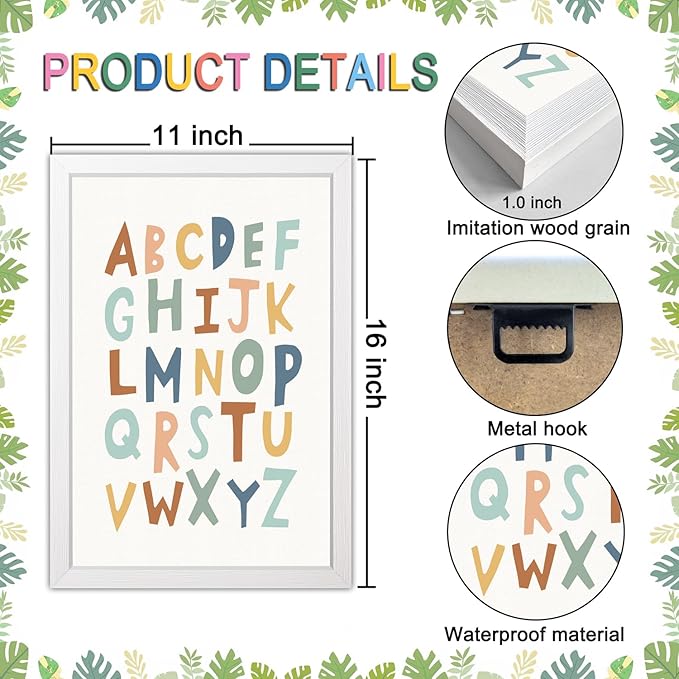 3 PCS Alphabet Framed Playroom Wall Decor,Classroom Must Haves Boho Educational ABC Poster Wooden Sign for Baby Girl Kid Boy Toddlers,Neutral Preschool English Letters Nursery Decor for Homeschool Kindergarten Kids Learning White