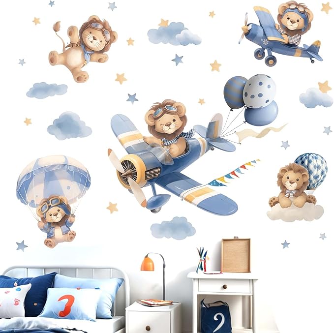 Airplane Animals Wall Stickers - Hot Air Balloon Lion Clouds Wall Decals - Girls Bedroom Baby Nursery Kids Room Wall Decor